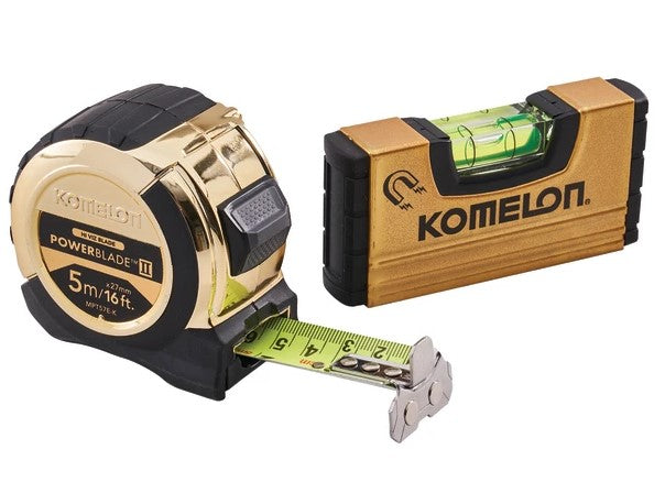 Komelon 5m (16ft) Gold PowerBlade Tape with FREE Mini Level - XMS24POWER