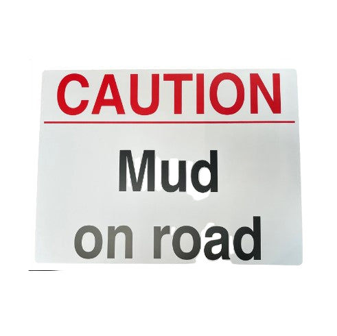 Caution sign indicating 'Mud on road' with red, black, and gray text on a white background.